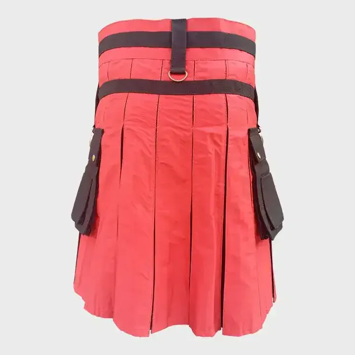 Red kilt with black accents, pockets, and pleats, crafted from durable fabric suitable for traditional Scottish attire and casual wear, showcasing Highland heritage.