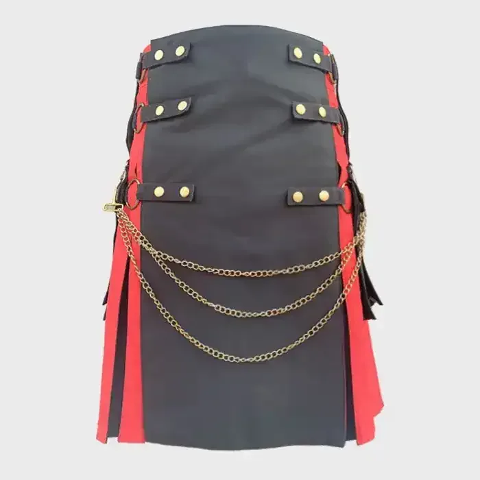 Black and Red Hybrid Utility Kilt with Silver Chain