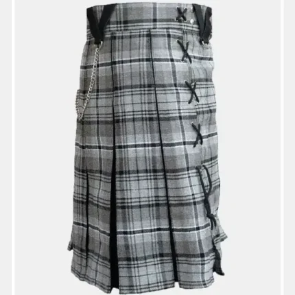 Leather kilt with tartan pattern, black lacing, and chain accessory, perfect for traditional Scottish attire or modern kilt fashion.