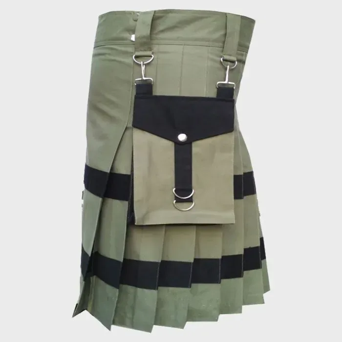 Olive Green Utility Kilt with Leather Straps - Image 3