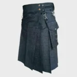 Black Denim Utility Kilt With Detachable Pocket