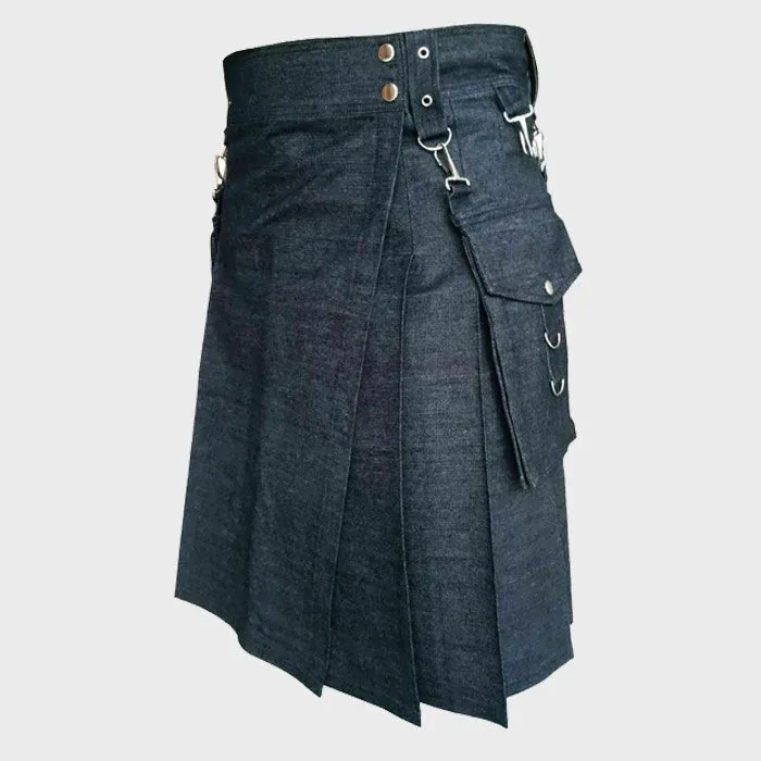 black_denim_utility_kilt_with_detachable_pocket.webp Black Denim Utility Kilt With Detachable Pocket - Image 1
