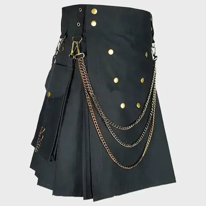 black_fashion_utility_kilt_with_silver_chains_3_ Black Fashion Utility Kilt With Silver Chains