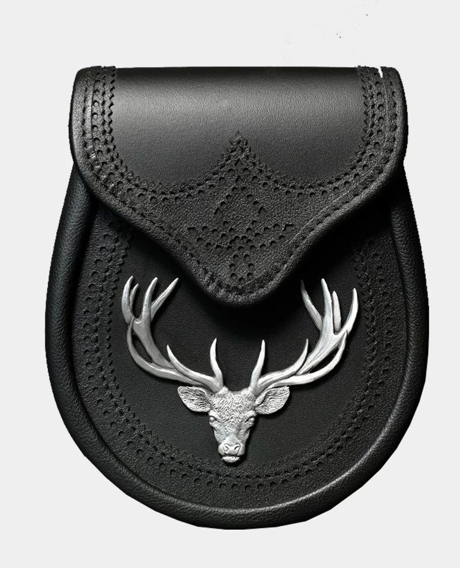 Black Saddle Leather Semi Dress Sporran With Large Stag Head - Image 1