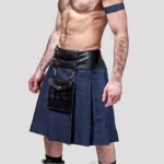 Blue Denim Leather Kilt With Leather Pouch