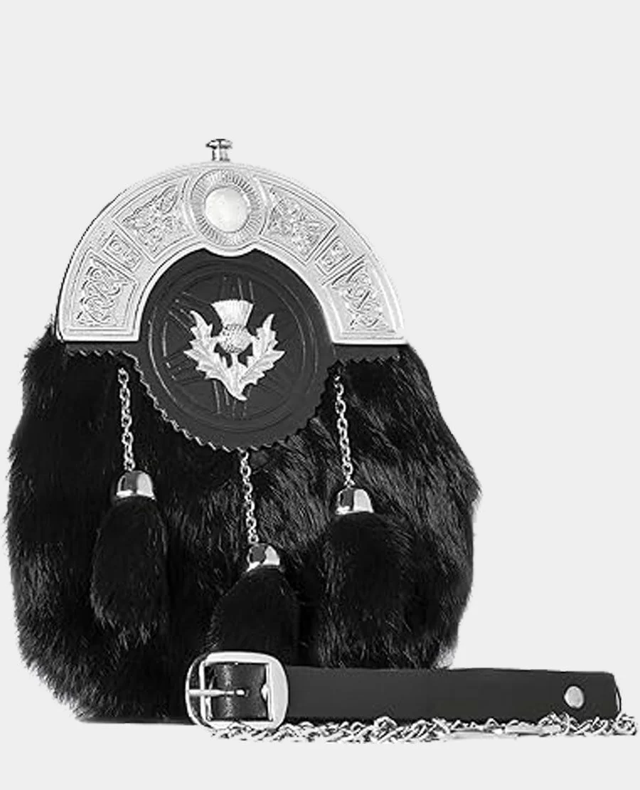 chrome_plain_celtic_thistle_targe_black_rabbit_sporran.jpg.webp Chrome Plain Celtic Thistle Targe Black Rabbit Sporran - Image 1