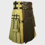 Khaki Fashion Tactical Hybrid Kilt With Front Leather Panel